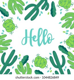 Summer greeting card with different cactuses. Floral frame. Perfect for holiday invitation