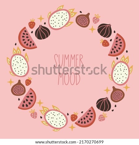 Summer greeting card with dragon fruit, watermelon, fig, strawberries, seeds, stars on pink background. Scandinavian style. Perfect for seasonal holidays. Hand drawn frame, wreath.