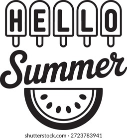 Sommer-Grußkarte mit Popsikeln, die Hallo buchstabieren und eine Wassermelone Scheibe, perfekt für Promotionen und saisonale Designs.