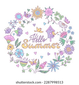Summer greeting card with  floral design and birds in the round frame. Vector isolated color illustration in doodle style.