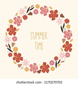 Summer greeting card with flowers, leaves, hibiscus on light background. Scandinavian style. Perfect for seasonal holidays. Hand drawn frame, wreath.