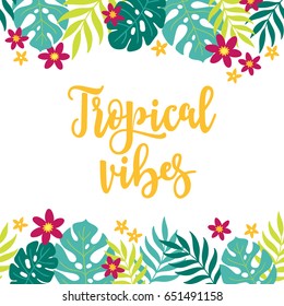 Summer greeting card with flowers and palm leaves on white background. Floral border. Perfect for holiday invitations