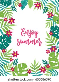 Summer greeting card with flowers and tropical leaves on white background. Floral frame. Perfect for holiday invitations