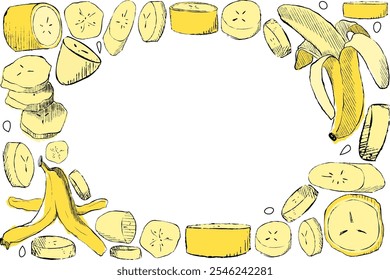 Summer greeting card with full bananas and skin and slices in oval ellipse frame template for your text. Vector graphic illustration Perfect for holiday invitations