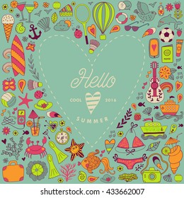 Summer greeting card, hand drawn vector symbols and objects, travel vacation doodle elements in heart shape