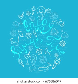 Summer Greeting Card with Hand drawn lettering and Digitally Drawn Summer Vacation Items, Made in White Outline. Vector EPS 10