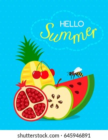 Summer greeting card - hello summer. Flat vector illustration