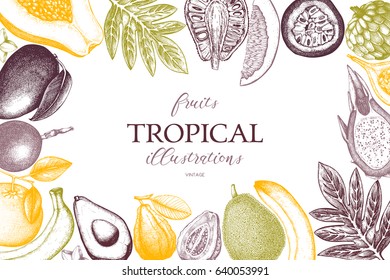 Summer greeting card or invitation design. Vector frame with hand drawn tropical fruits sketch. Vintage background exotic plants and flowers