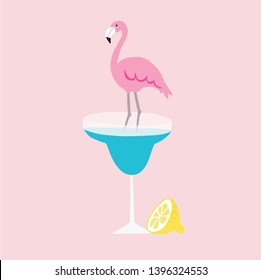 Summer greeting card, invitation. Hand drawn lemon fruit and pink flamingo bird standing in margarita cocktail drink. Vector illustration background. Modern flat design.