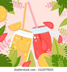 Summer greeting card, invitation with lemonade drink in mason jar. Orange, lemon and strawberry with tropical palm leaves. Vector illustration, web banner.
