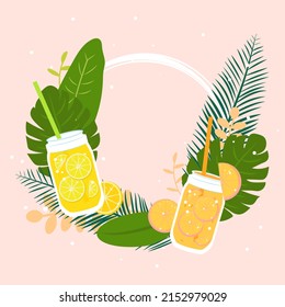 Summer greeting card, invitation with lemonade drink in mason jar. Orange, lemon and strawberry with tropical palm leaves. Vector illustration, web banner.