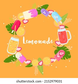 Summer greeting card, invitation with lemonade drink in mason jar. Orange, lemon and strawberry with tropical palm leaves. Vector illustration, web banner.