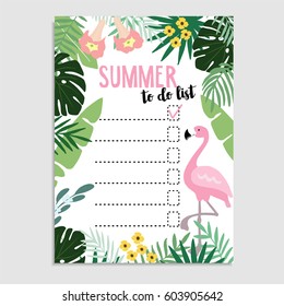 Summer greeting card, invitation. Wish list, to do list. Flamingo bird, palm leaves, angels trumpet flowers, cheese plant. Web banner, background. Stock vector illustration, flat design. 