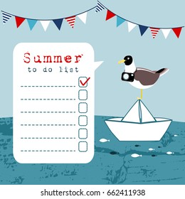 Summer greeting card, invitation. Wish list, to do list.  Seagull bird, Paper boat with flags in the sea. Web banner, background. Stock vector illustration, flat design.