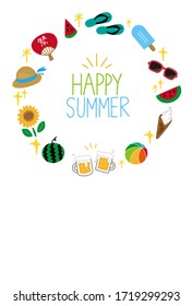 Sommergrußkarte mit Sommerartikeln. Vektorgrafik auf weißem Hintergrund.