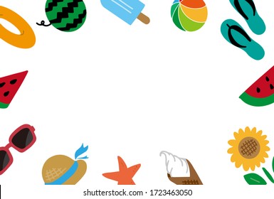 Tarjeta de felicitación de verano con artículos de verano. Ilustración vectorial sobre fondo blanco. Posición horizontal.