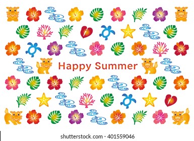 summer greeting card with Japanese Bingata icons. 
Bingata is the traditional design of Okinawa. Okinawa is the southernmost prefecture of Japan.