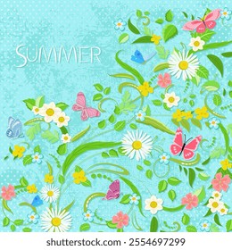 summer greeting card with leafy pattern and wild blooming. ornate floral green twigs with daisy and daffodil flowers against grunge background with polka dot  