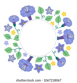 Summer greeting card with leaves, bindweed, bellflower and circle blank label. Perfect for holiday and spring invitations