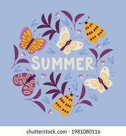 Summer greeting card with leaves, branches, butterflies and moths on light blue background. Circle ornament in scandinavian style. Perfect for spring and summer holidays. Vector illustration