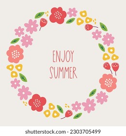 Summer greeting card with leaves and coloful blooming flowers on white background. Perfect for seasonal holidays and decorations. Hand drawn frame, wreath