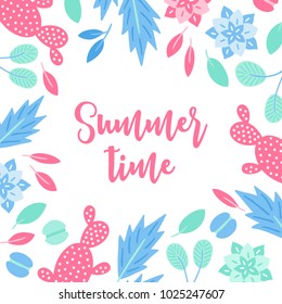 Summer greeting card with macaroons, cactus, succulents and leaves in pastel colors. Floral frame. Perfect for holiday invitation