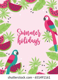 Summer greeting card with macaw, tropical leaves and watermelon on pink background. Floral frame. Perfect for holiday invitations