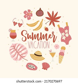 Summer greeting card with monstera, banana, swimsuit, ice cream, papaya, straw hat, drink, strawberry, fig, flower, hibiscus on light background. Circle ornament. Perfect for seasonal holidays. 