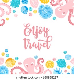 Summer greeting card with octopus and shells on white background. Floral border. Perfect for holiday invitations
