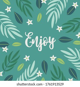 Summer greeting card with palm leaves and plumeria flowers on green background. Floral frame. Perfect for seasonal greetings. Vector illustration