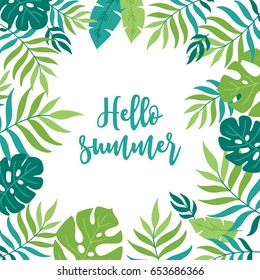 Summer greeting card with palm leaves on white background. Floral frame. Perfect for holiday invitations