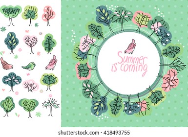 Summer greeting card. Phrase Summer is coming. Blossoming trees and flowers. Round frame. Template for your design, festive greeting cards,  announcements, posters.