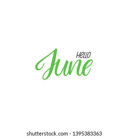 Summer greeting card with phrase Hello June. Vector isolated illustration: brush calligraphy, hand lettering. Inspirational typography poster. For calendar, postcard, label and decor