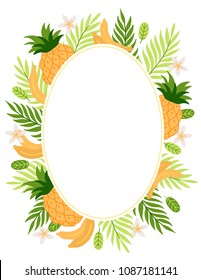 Summer greeting card with pineapple, bananas, palm leaves, plumeria and oval blank label. Perfect for holiday invitations