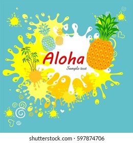 Summer greeting card with pineapple and palm leaves. Aloha Hawaii. Vector illustration
