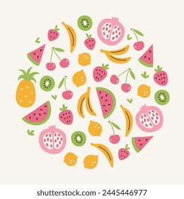 Tarjeta de felicitación de verano con piña, sandía, cereza, kiwi, granada, plátano, limón, fresa sobre fondo blanco. Adorno de círculo. Perfecto para vacaciones de temporada