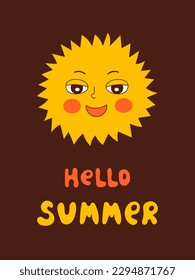 Summer greeting card poster banner. Retro style groovy sun with handwritten lettering for summertime season. Vector layout for sale, advertising