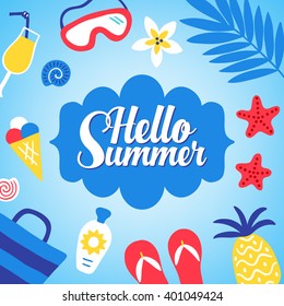 Summer greeting card with recreation elements - cocktail, shell, diving mask, tropical flower, palm leaves, ice cream, beach bag, suntan cream, thongs, pineapple, starfish. Vector illustration