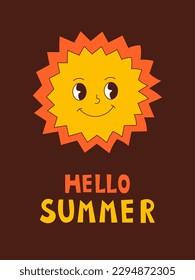 Summer greeting card in retro style. Summer joy vector layout with cute sun character and handwritten phrase for greeting card, poster, banner template.