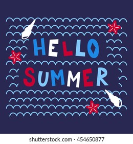 Summer greeting card with sea waves, starfish, shell and hand drawn letters