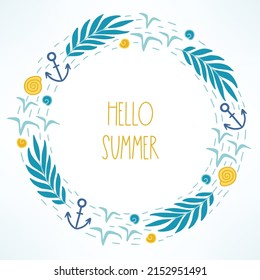 Summer greeting card with seagull, anchor, palm leaves, shell on white background. Scandinavian style. Perfect for seasonal holidays. Hand drawn frame, wreath.