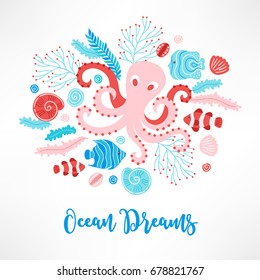 Summer greeting card with seaweed, octopus, fish and shells on white background. Perfect for holiday invitations