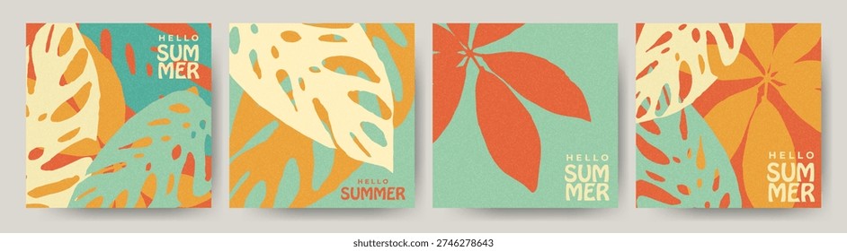 Summer greeting card set with bold tropical leaves. Flat modern illustrations with grain texture. Ideal for posters, social media content, seasonal promotions, and creative branding