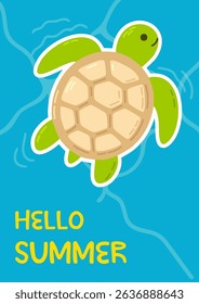 Summer greeting card with a smiling turtle swimming on a bright blue background, perfect for kids' seasonal and marine-themed designs
