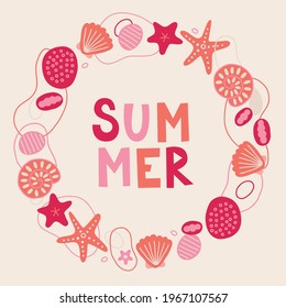 Summer greeting card with starfish, shell and bubbles on beige background. Sea circle wreath. Ocean animals. Scandinavian style. Perfect for seasonal holidays. Vector illustration