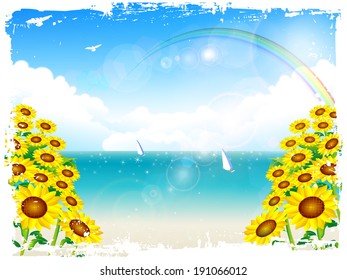 Summer greeting card sunflower sea