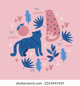 Sommergrußkarte mit Tiger, Leopard, Orange, Blättern, Sternen, Herzen auf rosafarbenem Hintergrund. Zirkelschmuck. Ideal für saisonale Feiertage und Dekoration. Vektorgrafik