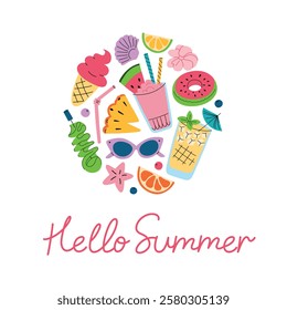 Summer greeting card with tropical drinks, fruits, ice cream, sunglasses, and beach elements. Vectr illustrations of cocktails. Bright and cheerful flat design with Hello Summer hand written text