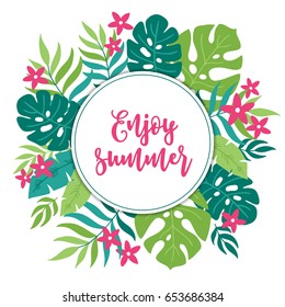 Summer Greeting Card With Tropical Flowers, Palm Leaves And Circle Label On White Background. Perfect For Holiday Invitations