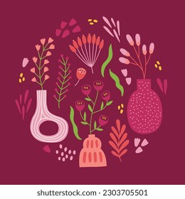Summer greeting card with vases, berries, branches, flowers on dark pink background. Circle ornament. Perfect for seasonal holidays and decorations. Vector illustration